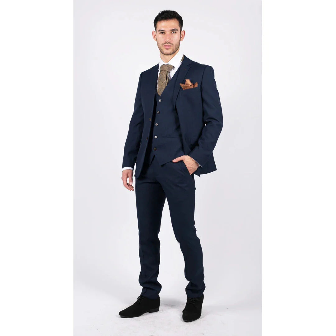 Moška temno modra tridelna obleka, krojen kroj, elegantna, formalna, klasična, poročna, retro, vintage
