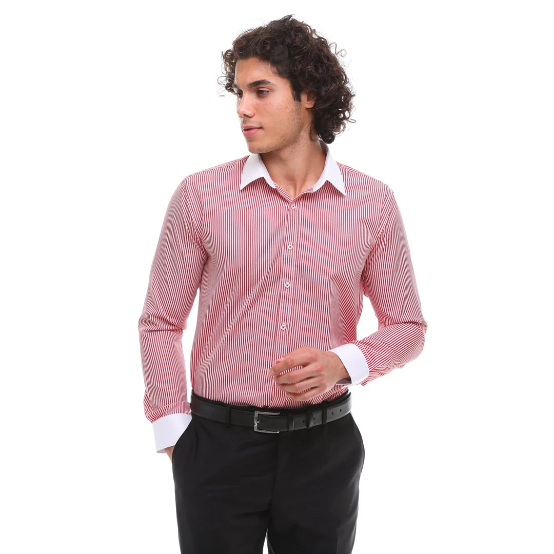 Moška elegantna srajca s črtami in klasičnim ovratnikom, rdeča