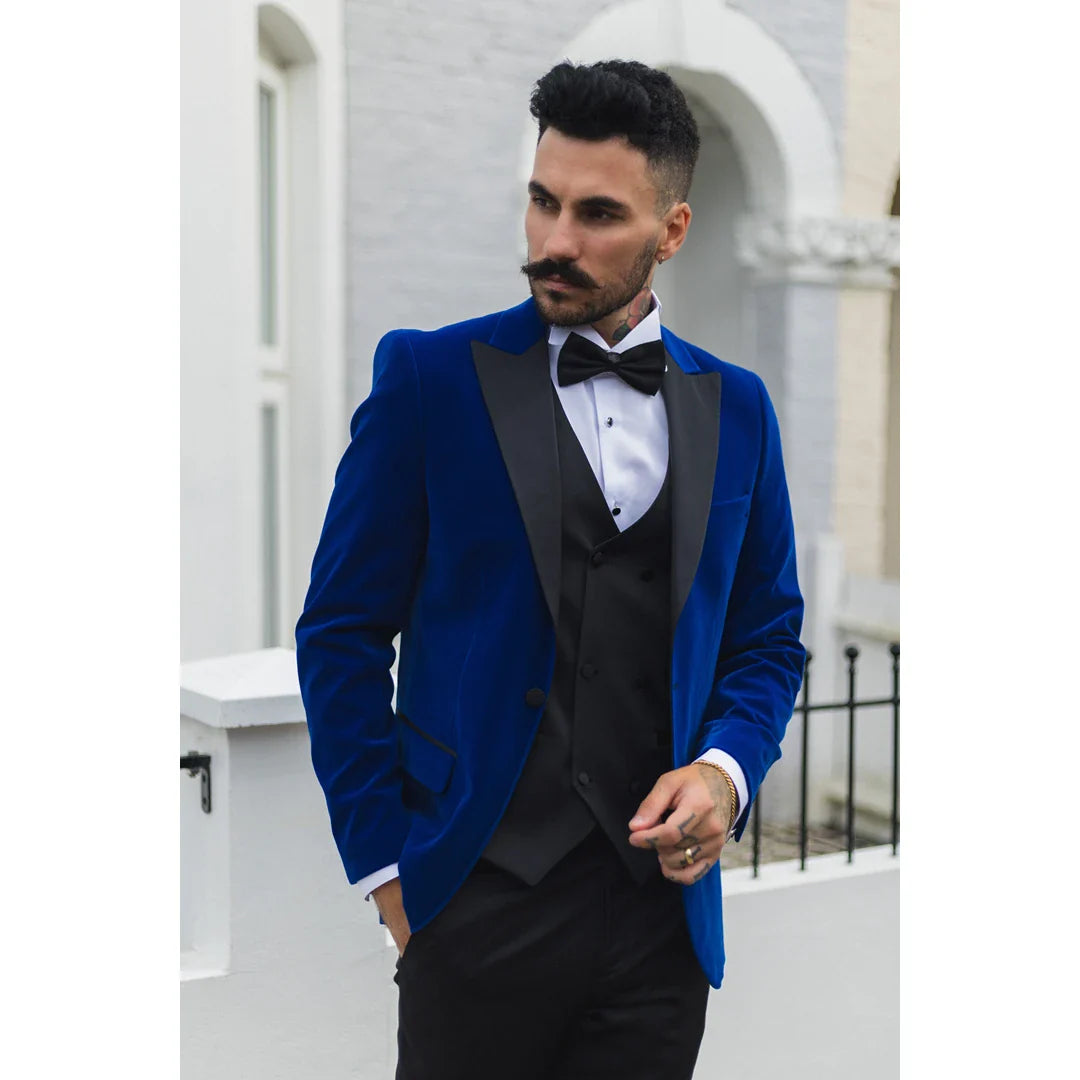 Moški kraljevsko moder žametni smoking, blazer s satenastimi reverji, večerja, poroka, maturantski ples, črna kravata