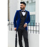 Moški kraljevsko moder žametni smoking, blazer s satenastimi reverji, večerja, poroka, maturantski ples, črna kravata