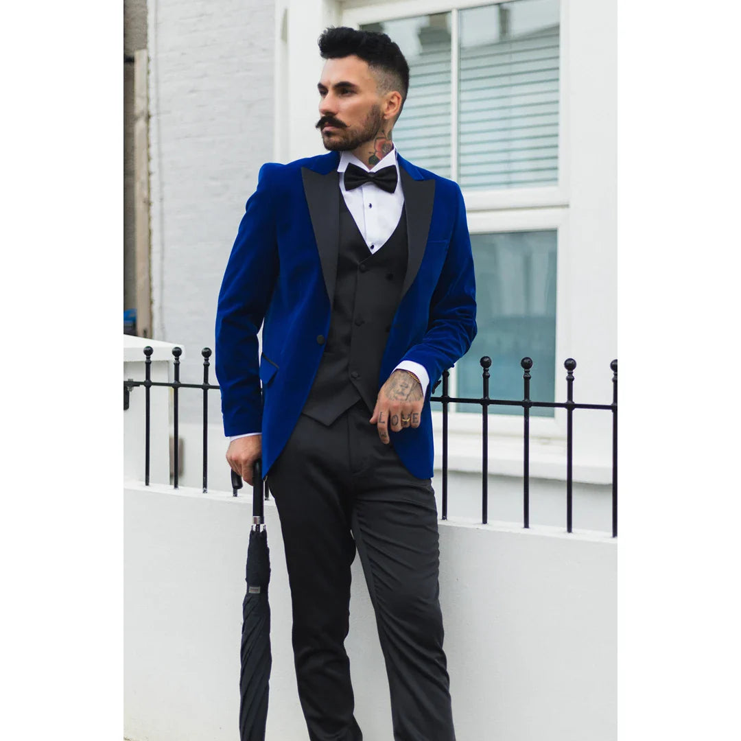 Moški kraljevsko moder žametni smoking, blazer s satenastimi reverji, večerja, poroka, maturantski ples, črna kravata