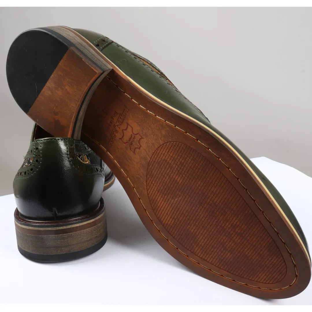 Ross - Moški usnjeni zeleni brogue čevlji s cvetličnim potiskom