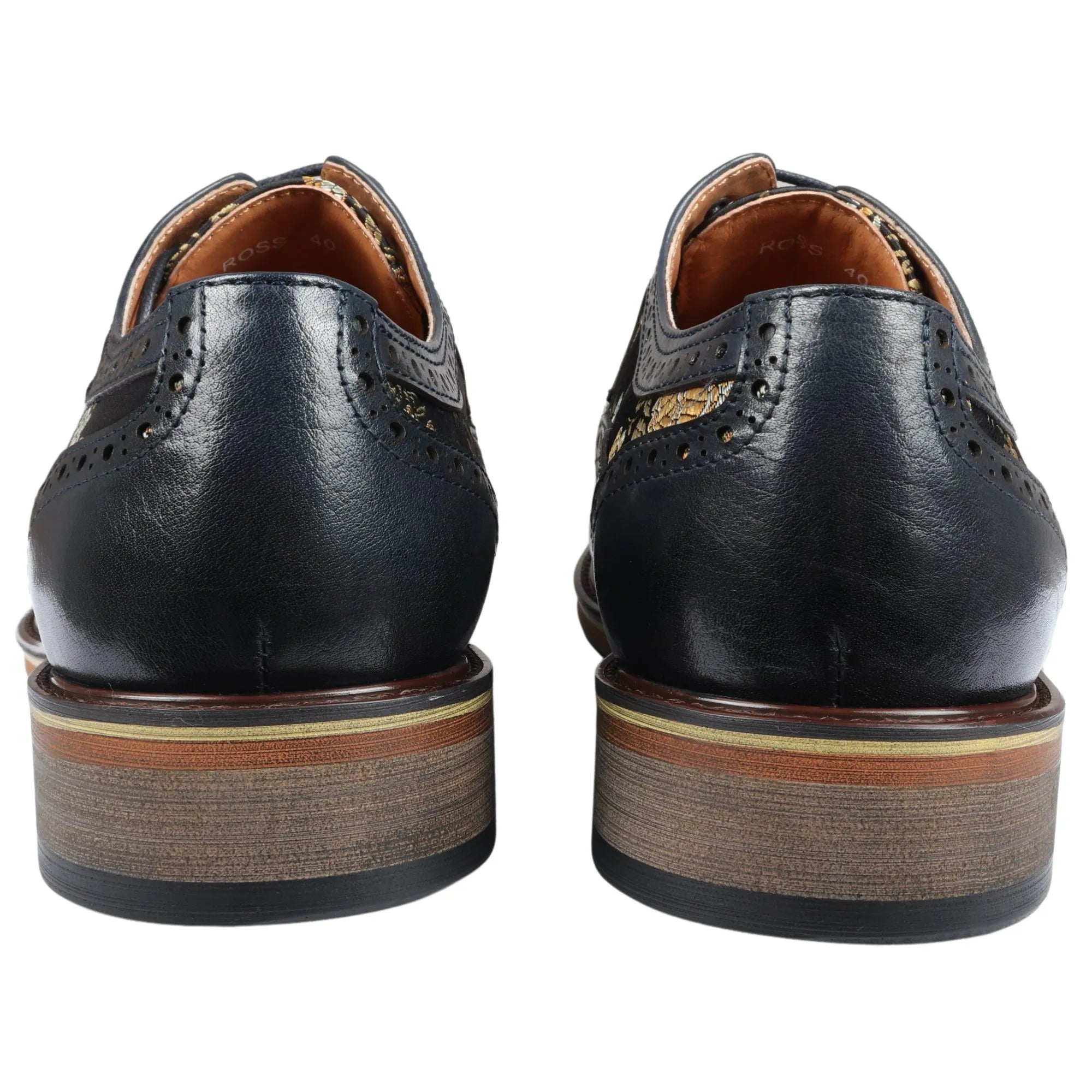 Ross - Moški usnjeni mornarsko modri brogue čevlji s cvetličnim potiskom