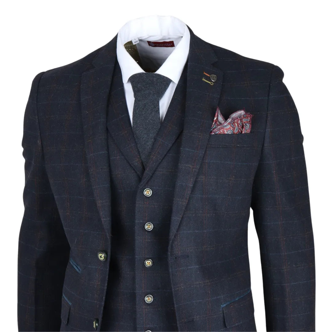 Moška mornarsko modra 3-delna tvidasta obleka slim fit Ryan