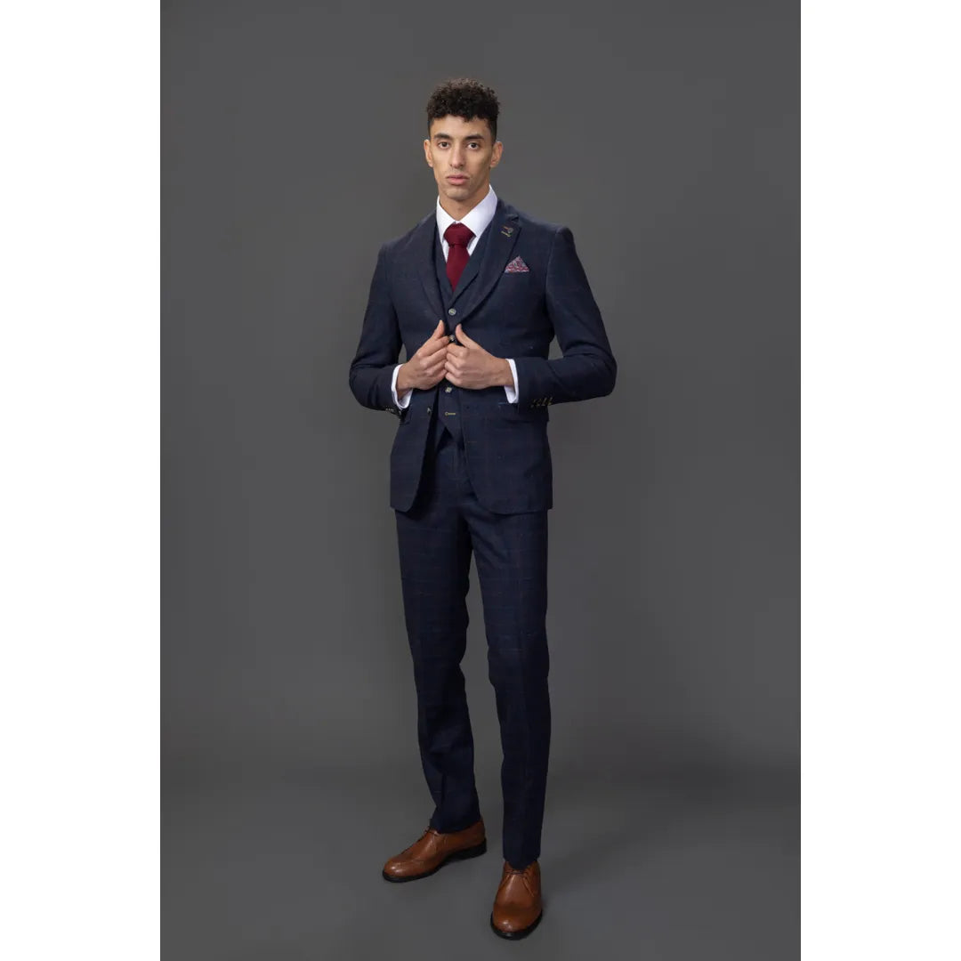Moška mornarsko modra 3-delna tvidasta obleka slim fit Ryan