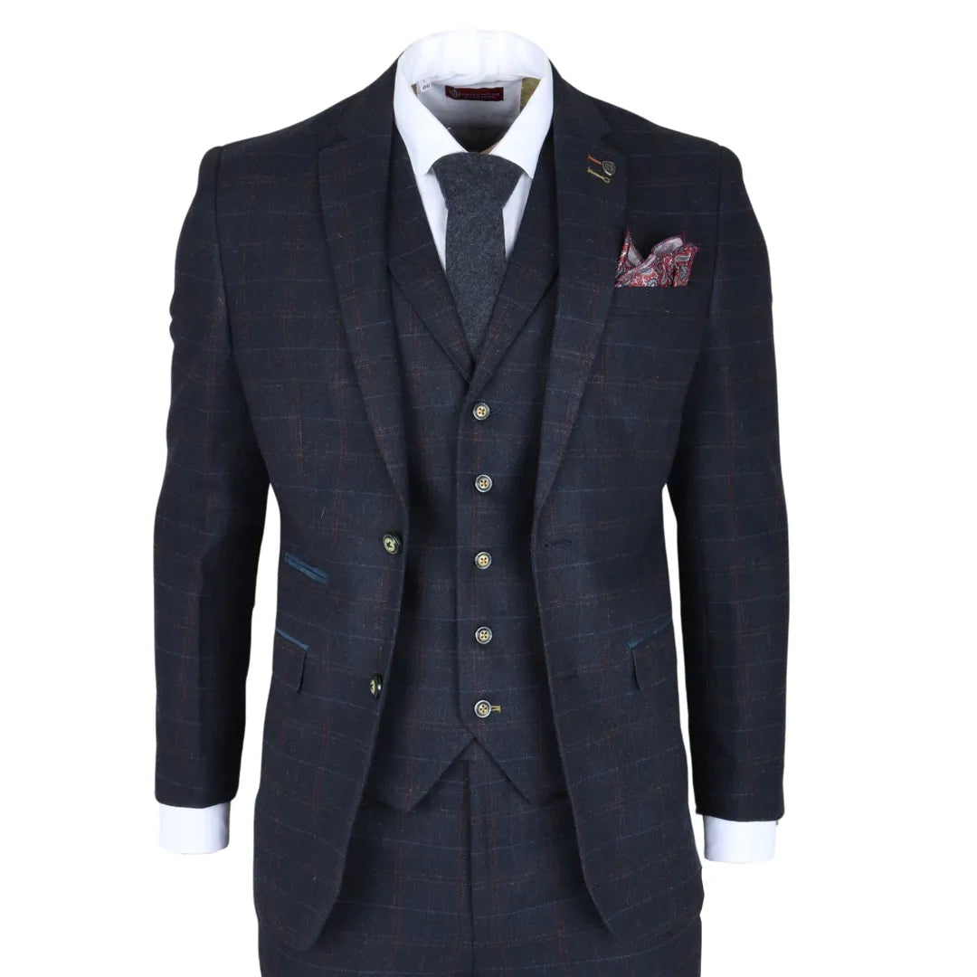Moška mornarsko modra 3-delna tvidasta obleka slim fit Ryan