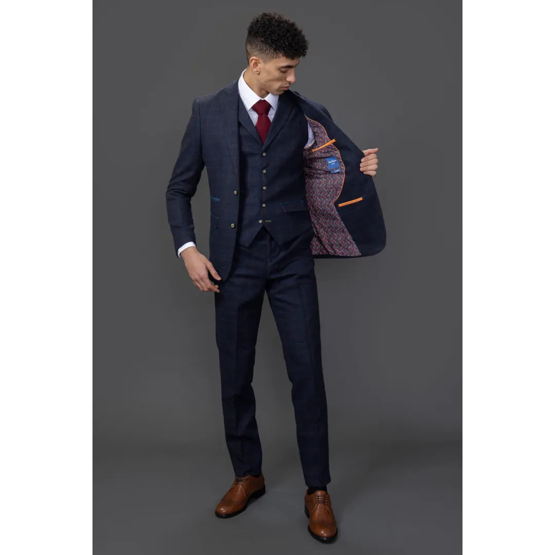 Moška mornarsko modra 3-delna tvidasta obleka slim fit Ryan