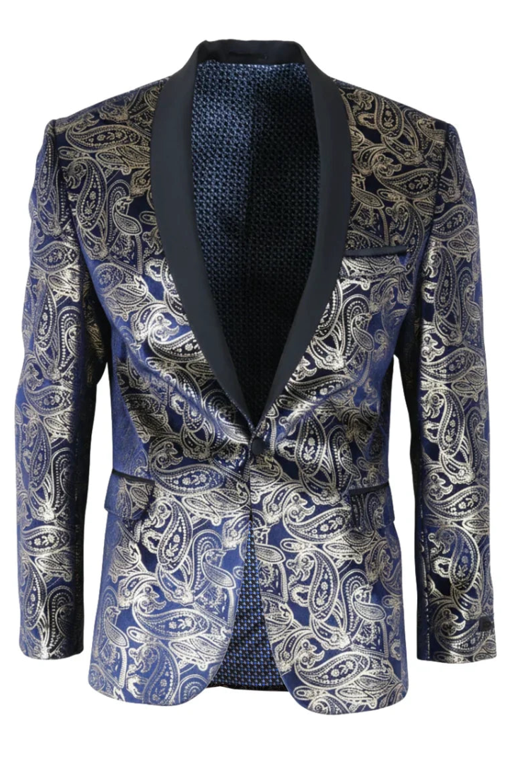 STZ63 - Moški žametni blazer s cvetličnim vzorcem Paisley v modro-zlatem odtenku