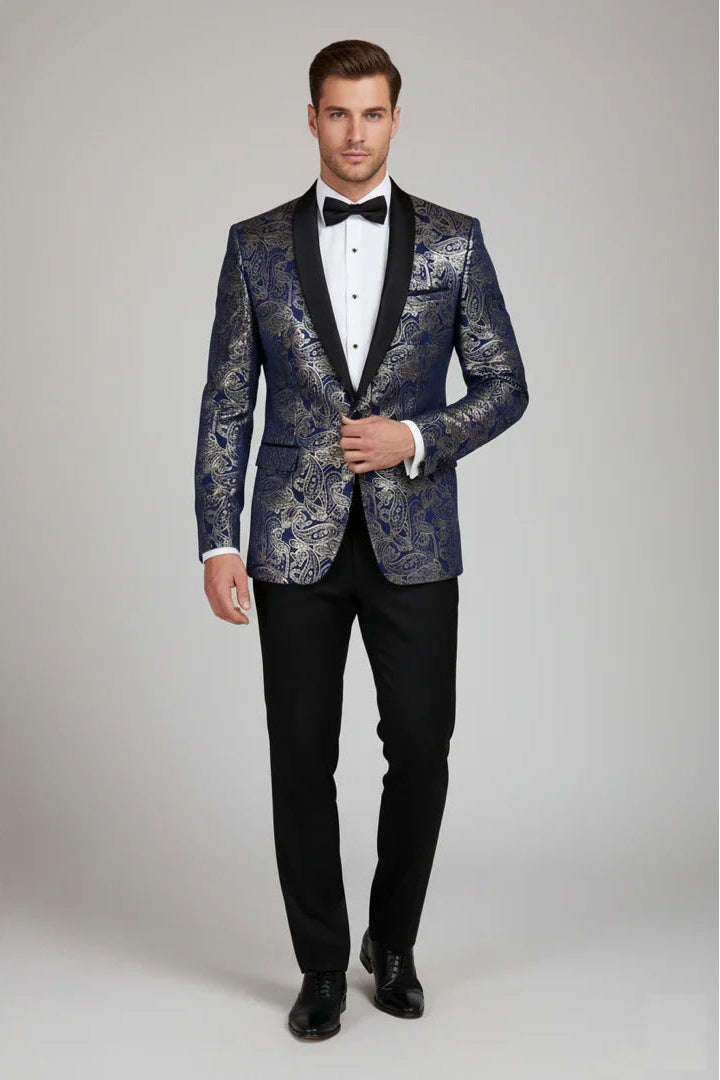 STZ63 - Moški žametni blazer s cvetličnim vzorcem Paisley v modro-zlatem odtenku