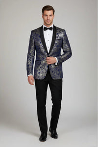 STZ63 - Moški žametni blazer s cvetličnim vzorcem Paisley v modro-zlatem odtenku