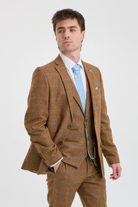 Moška tridelna obleka iz volnenega tvida, vzorec ribje kosti, rjava, modra, karo, Gatsby iz 20. let 20. stoletja