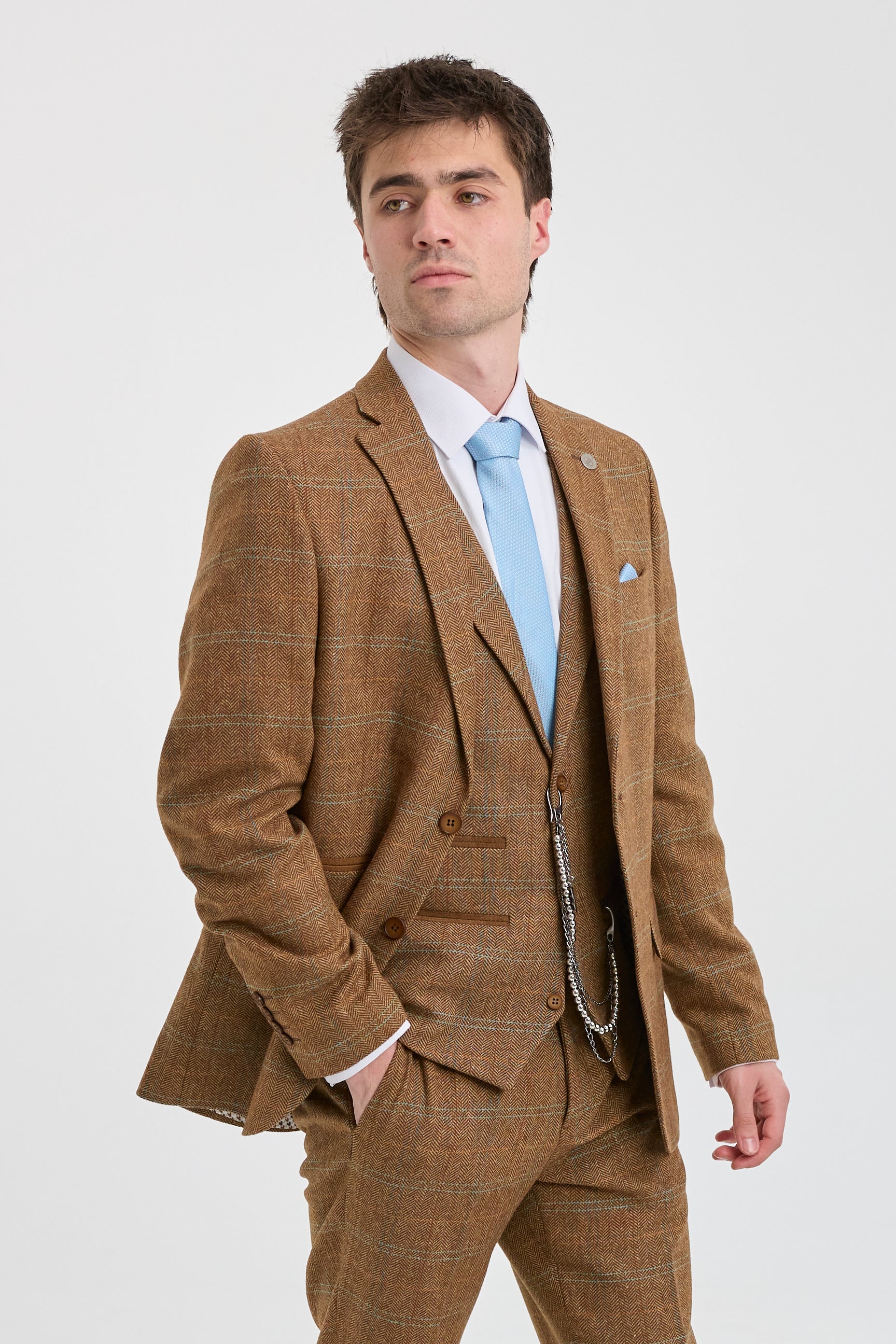 Moška tridelna obleka iz volnenega tvida, vzorec ribje kosti, rjava, modra, karo, Gatsby iz 20. let 20. stoletja