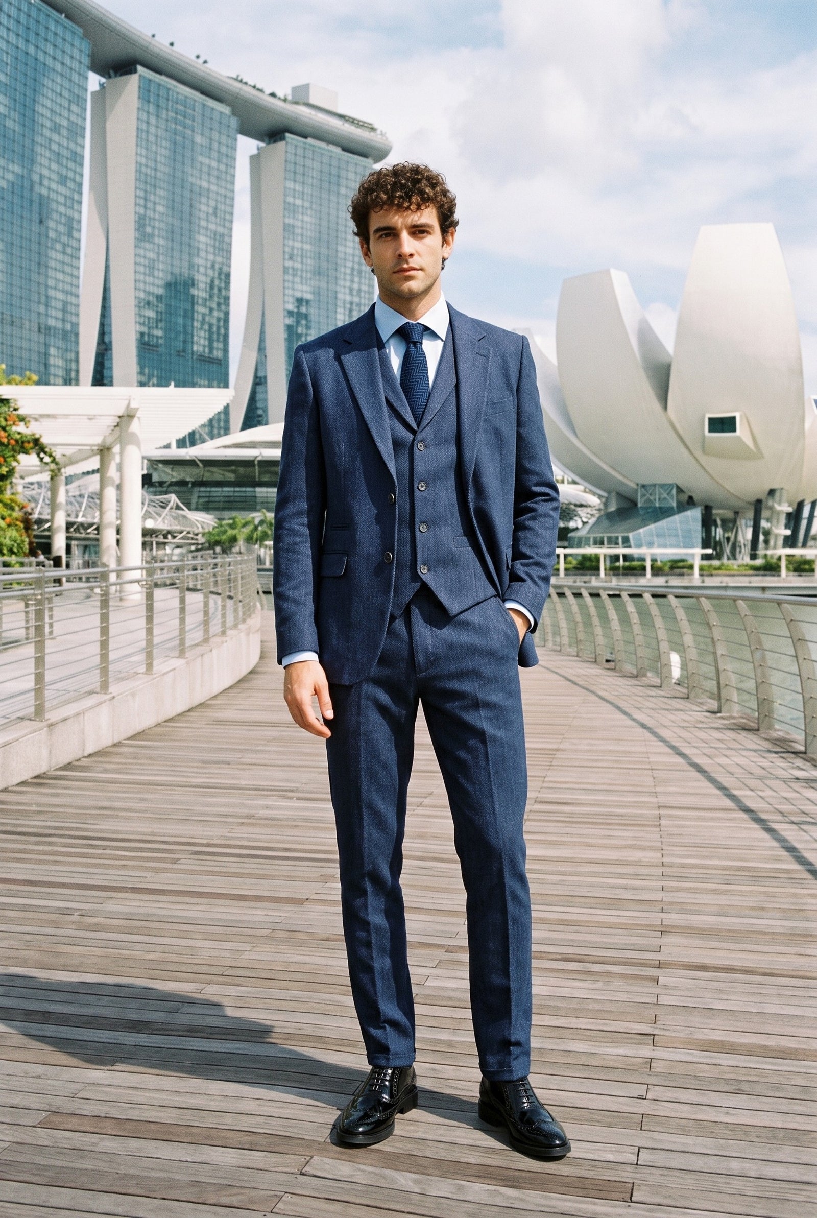 Look #989 styled with Moška temno modra tvidasta obleka s 3 delnimi vzorci ribje kosti