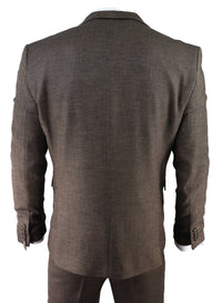 Moška rjava tridelna obleka iz tvida z vzorcem ribje kosti