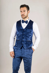 Moški moder žametni poročni smoking iz treh delov AK-27 s črnimi satenastimi reverji