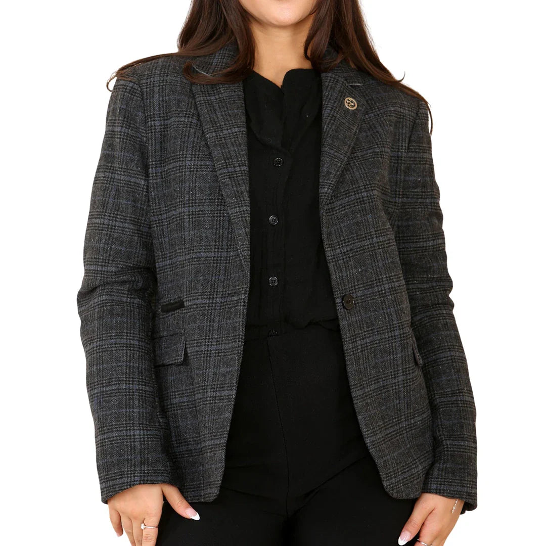 Ženski tvid karo blazer siv