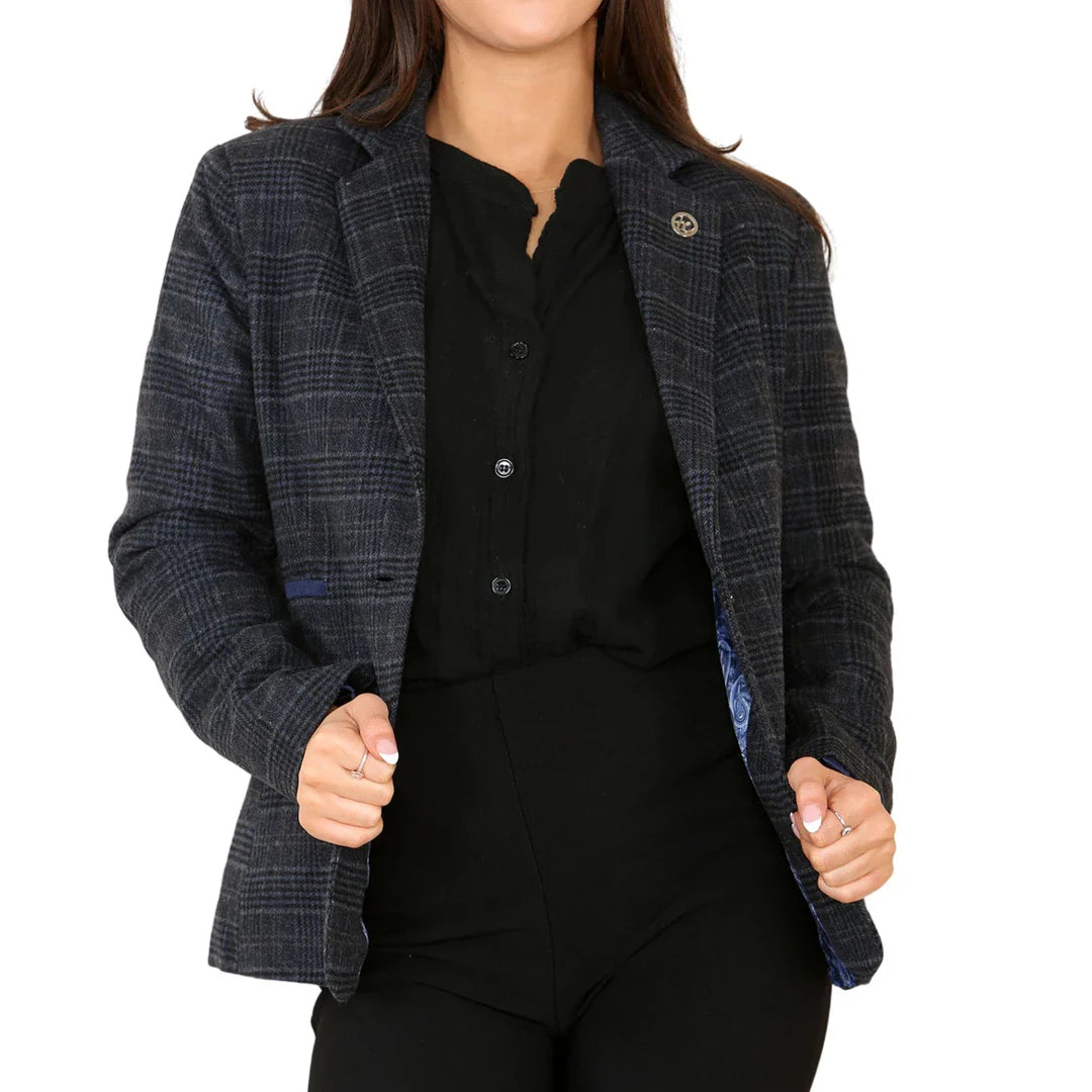 Ženski tvid karo blazer moder