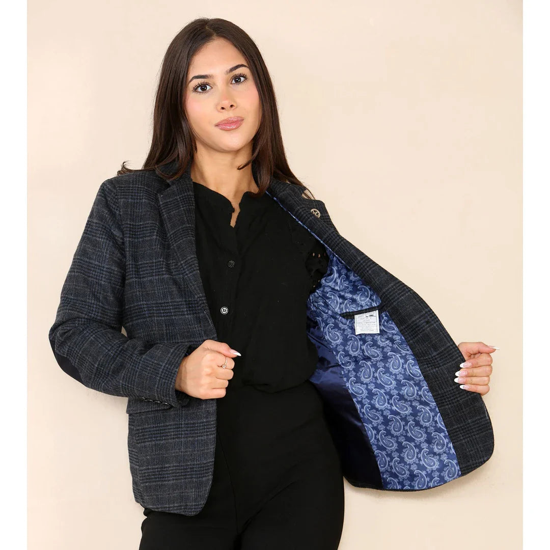 Ženski tvid karo blazer moder