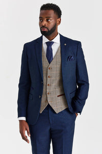 Mornarsko modra obleka Arthur s kontrastnim tvidastim telovnikom Harris Brown