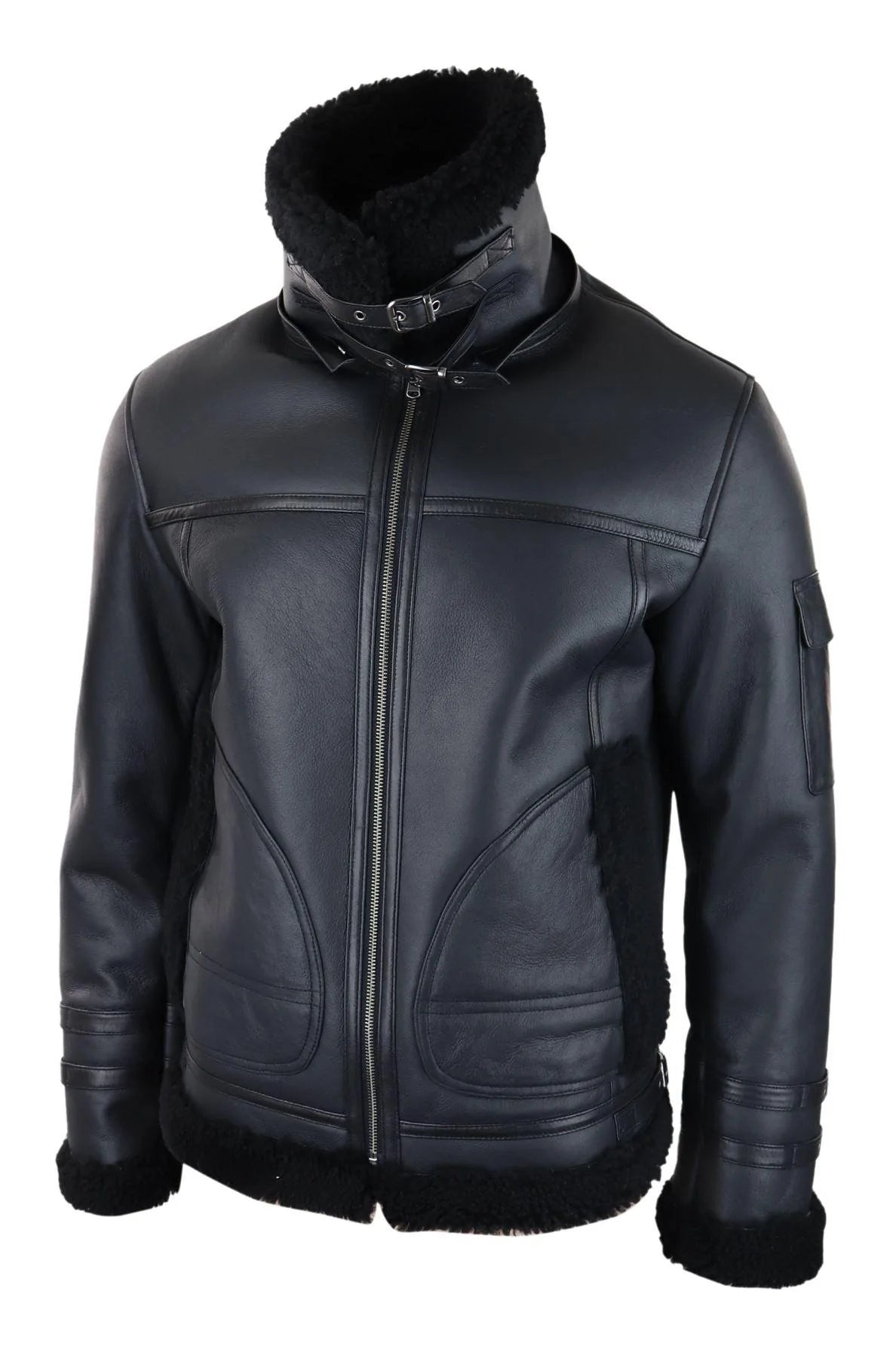 Moški ovčji plašč z zadrgo, leteča jakna, črne barve, zimska topla krzna