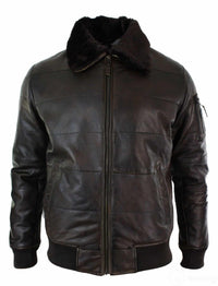 Moška prešita jakna bomber iz pravega usnja s pilotskim krznenim ovratnikom, črna, vintage rjavo-rjava