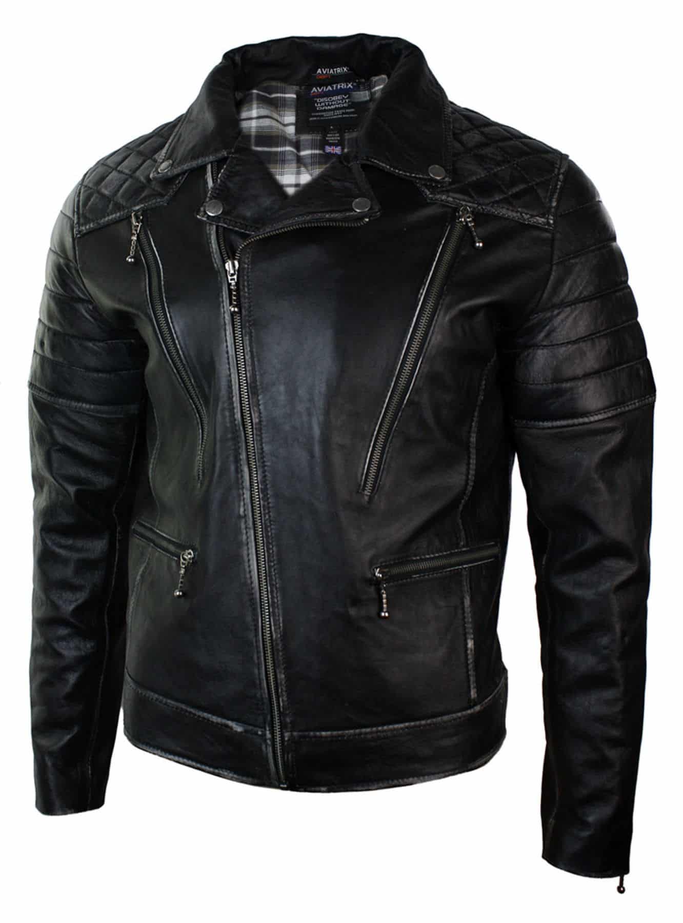 Moška motoristična jakna iz pravega usnja, punk rock, s prekrižano zadrgo, vintage retro učinek