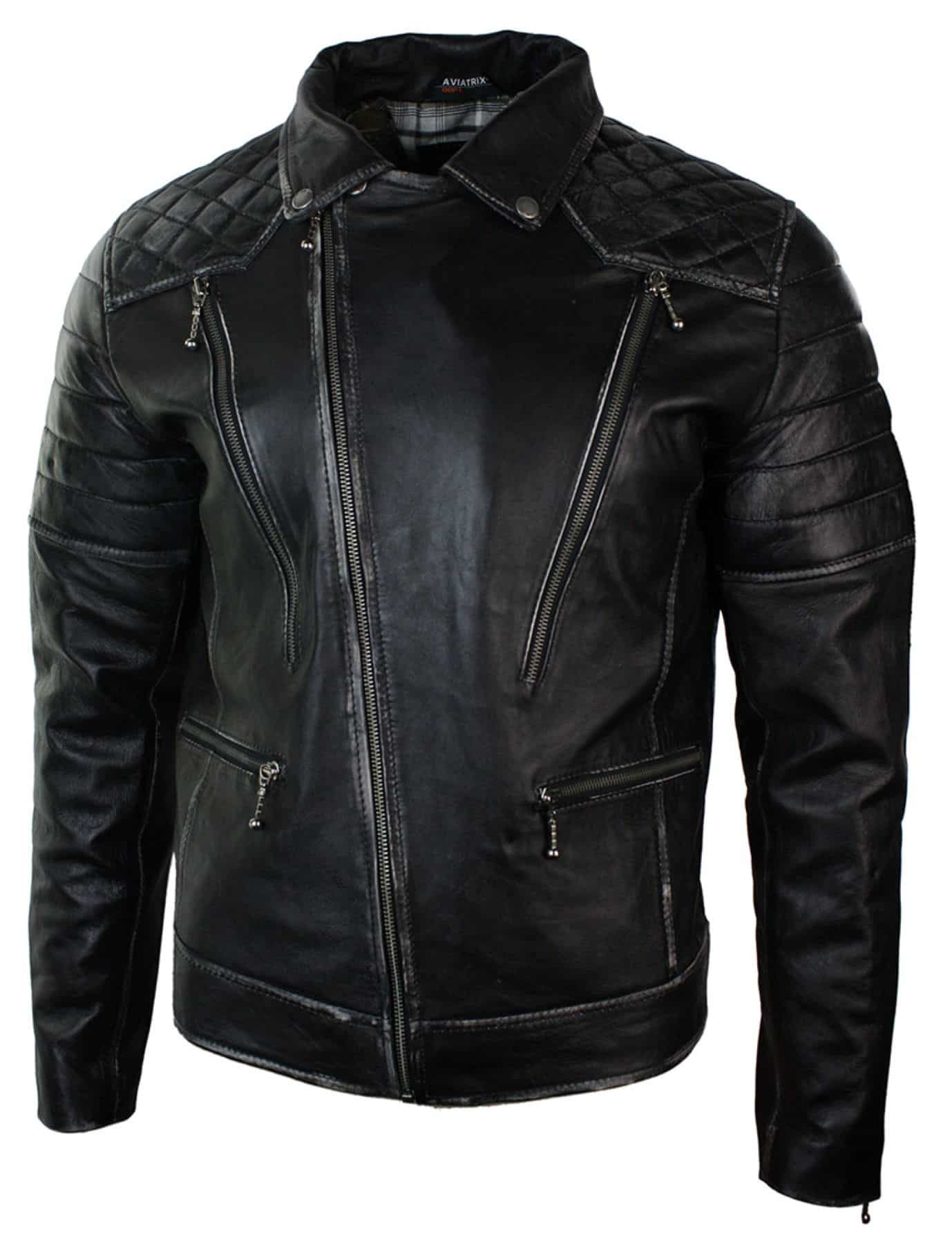 Moška motoristična jakna iz pravega usnja, punk rock, s prekrižano zadrgo, vintage retro učinek