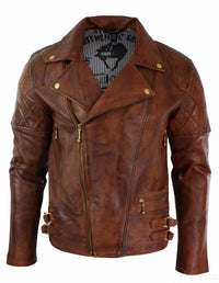 Moška jakna iz pravega usnja slim fit z zadrgo v retro vintage rjavi barvi, punk rock, barva Nevada Timber