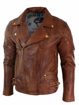 Moška jakna iz pravega usnja slim fit z zadrgo v retro vintage rjavi barvi, punk rock, barva Nevada Timber