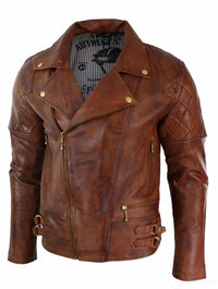 Moška jakna iz pravega usnja slim fit z zadrgo v retro vintage rjavi barvi, punk rock, barva Nevada Timber