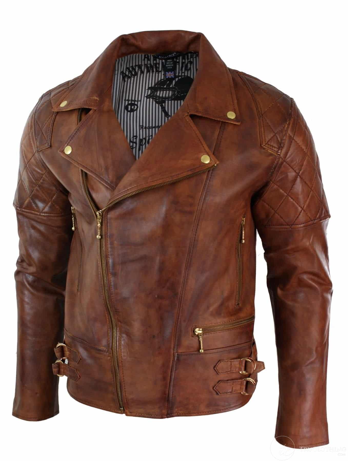 Moška jakna iz pravega usnja slim fit z zadrgo v retro vintage rjavi barvi, punk rock, barva Nevada Timber