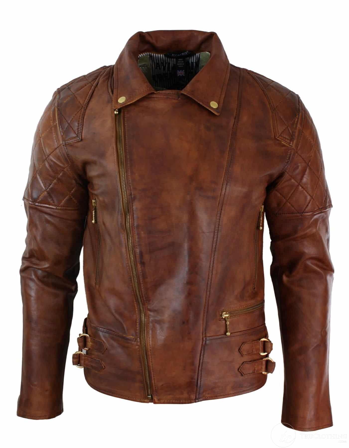 Moška jakna iz pravega usnja slim fit z zadrgo v retro vintage rjavi barvi, punk rock, barva Nevada Timber