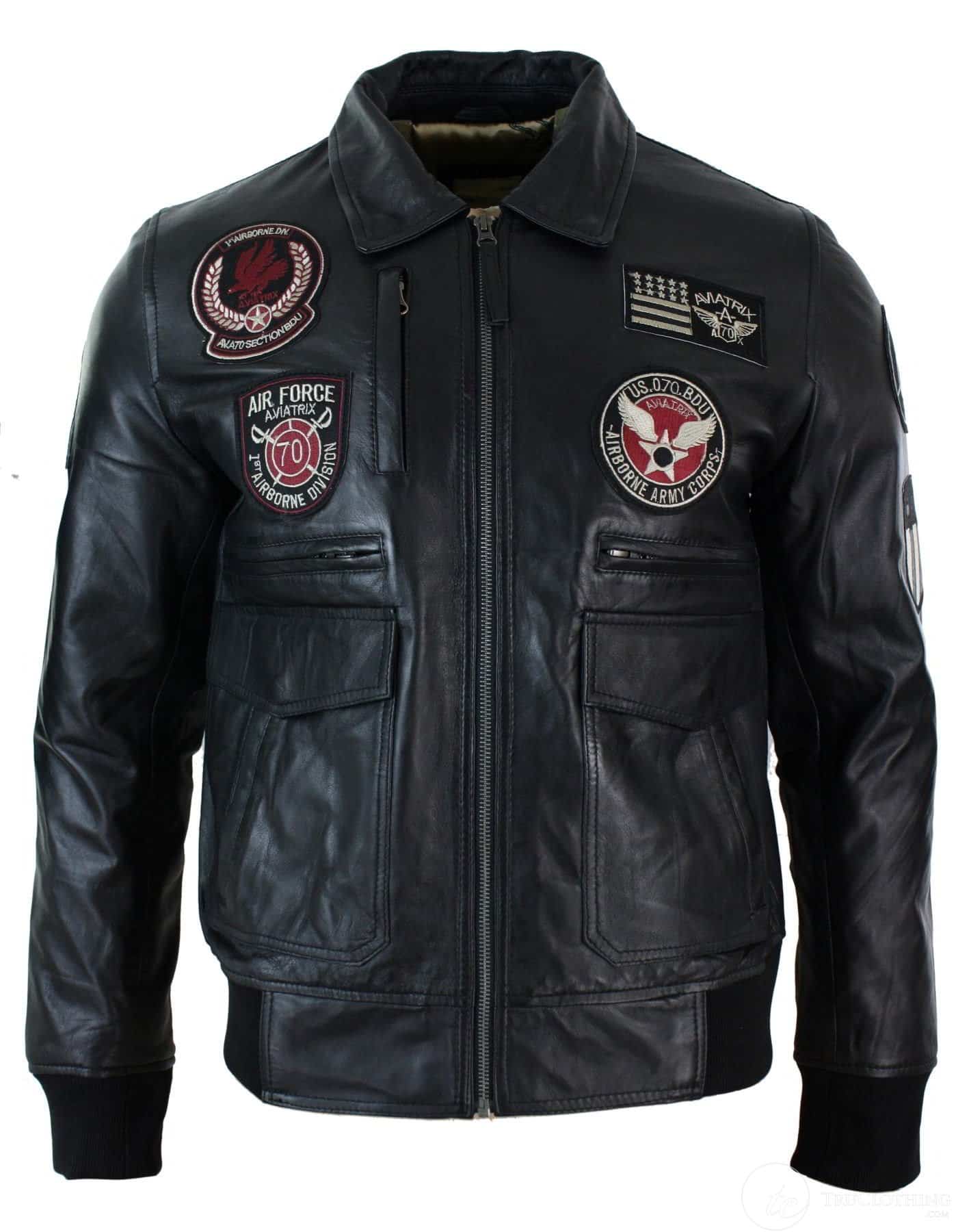 Moška pilotska jakna Air Force Pilot iz pravega usnja, črne barve, z bomber značko, črna