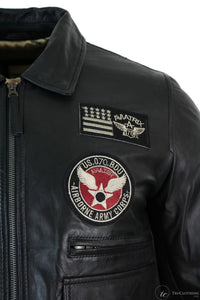 Moška pilotska jakna Air Force Pilot iz pravega usnja, črne barve, z bomber značko, črna