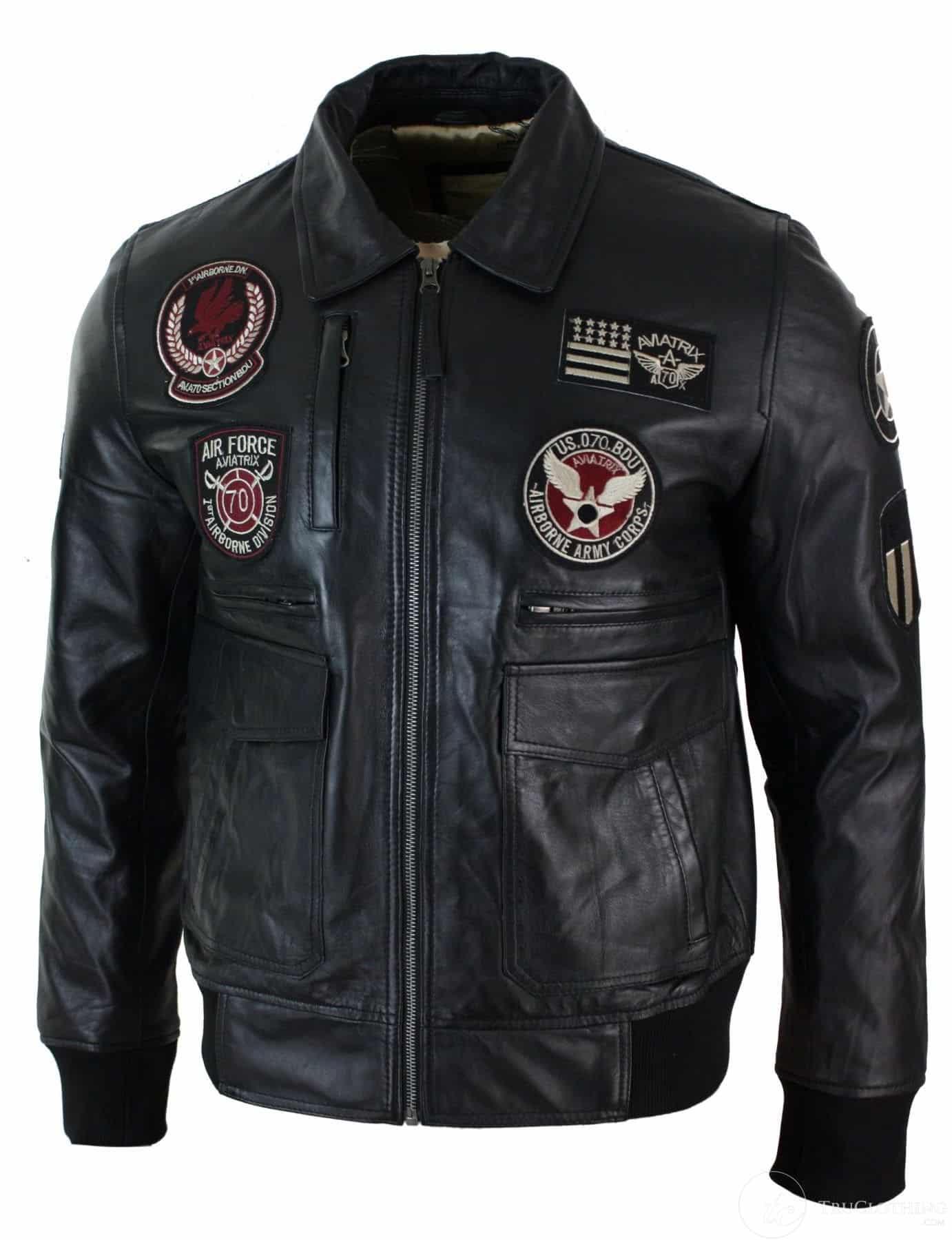 Moška pilotska jakna Air Force Pilot iz pravega usnja, črne barve, z bomber značko, črna