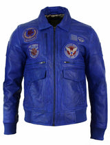 Moška pilotska jakna Air Force Pilot iz pravega usnja, črne barve, z bomber značko, modra