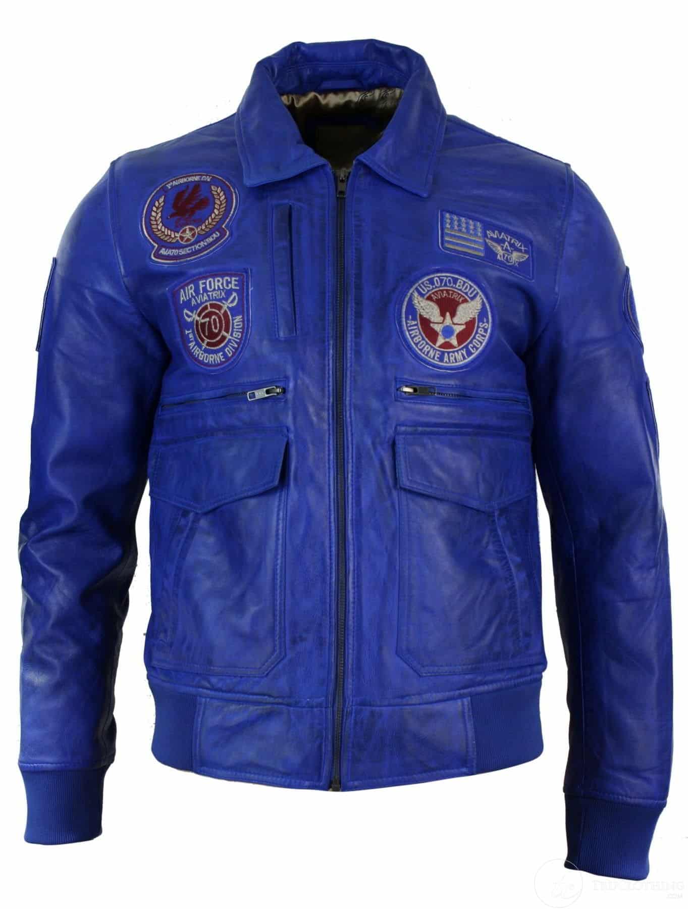 Moška pilotska jakna Air Force Pilot iz pravega usnja, črne barve, z bomber značko, modra
