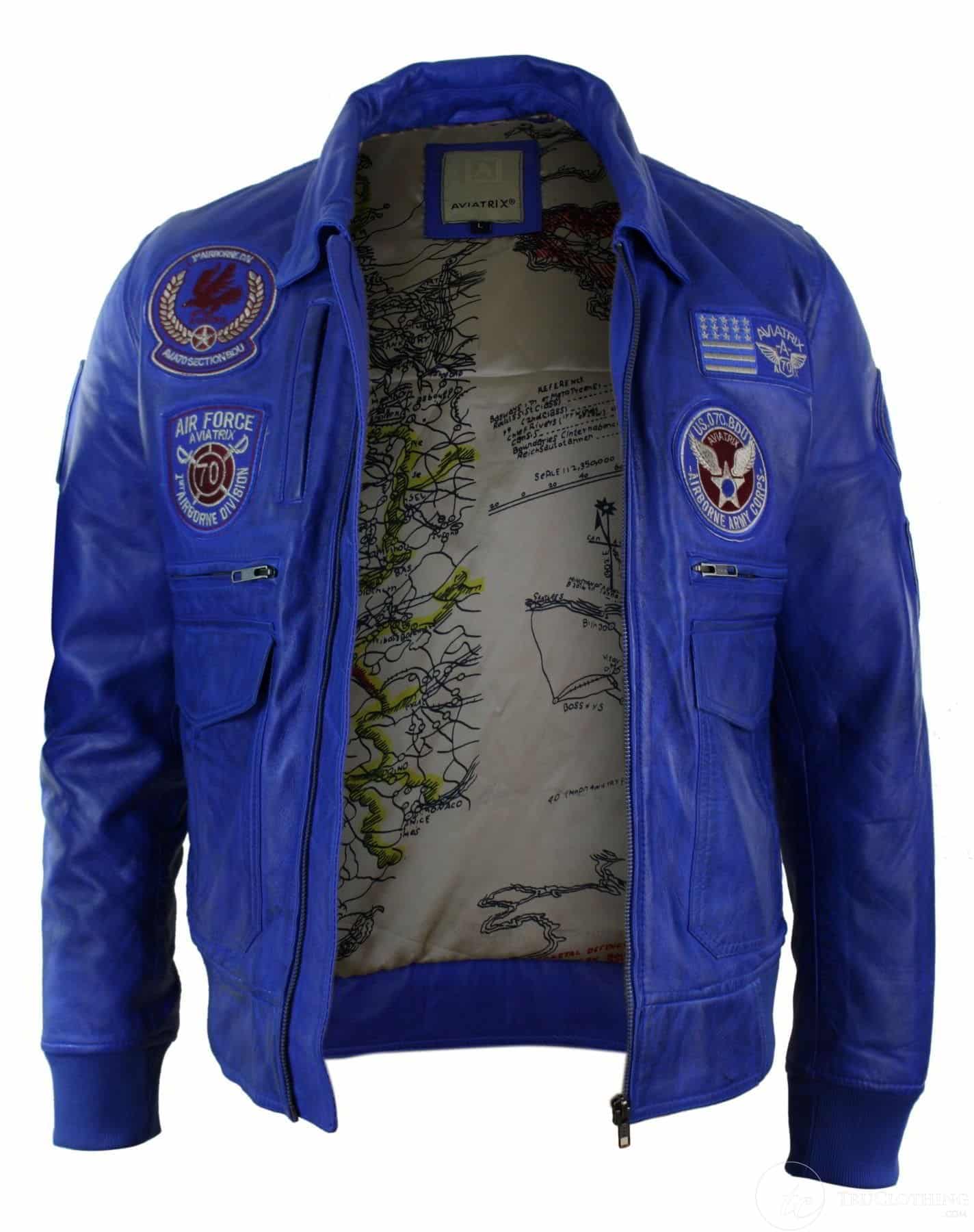 Moška pilotska jakna Air Force Pilot iz pravega usnja, črne barve, z bomber značko, modra