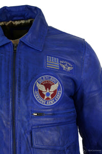 Moška pilotska jakna Air Force Pilot iz pravega usnja, črne barve, z bomber značko, modra