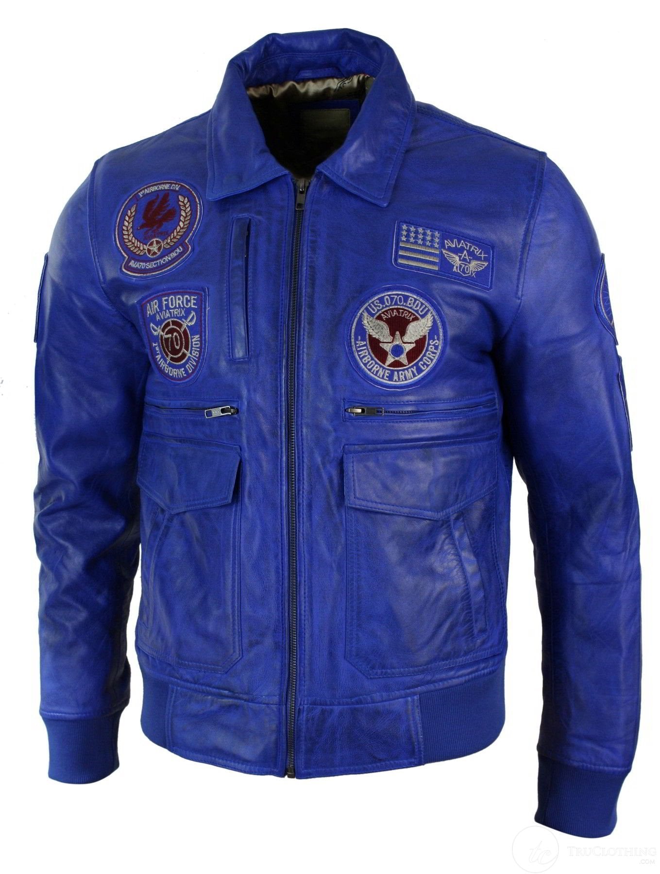 Moška pilotska jakna Air Force Pilot iz pravega usnja, črne barve, z bomber značko, modra