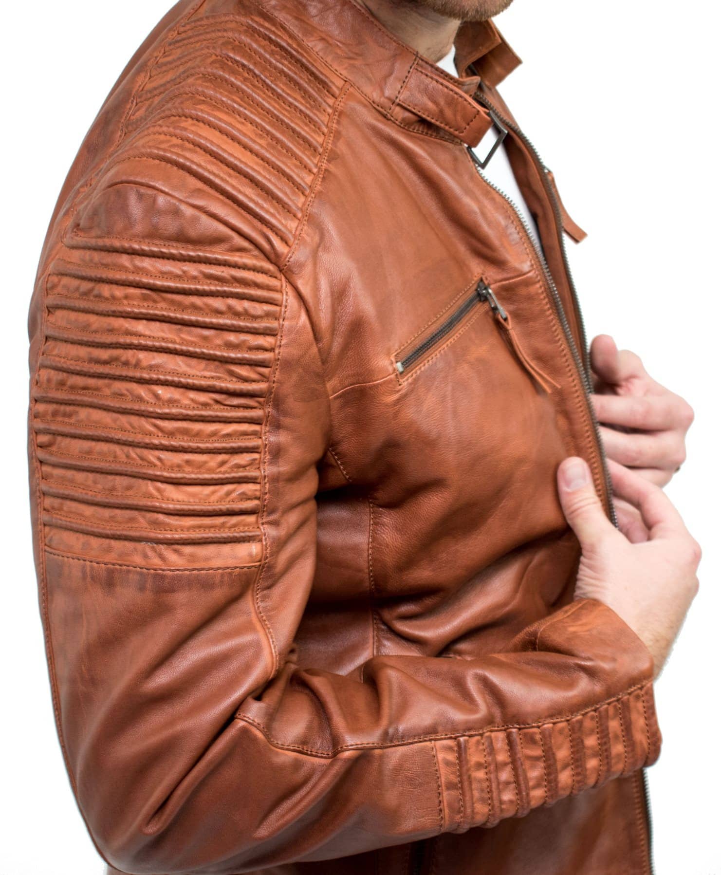 Moška jakna iz pravega usnja slim fit, rjave barve, sprana v vintage barvi, z zadrgo, priložnostna