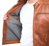 Moška jakna iz pravega usnja slim fit, rjave barve, sprana v vintage barvi, z zadrgo, priložnostna