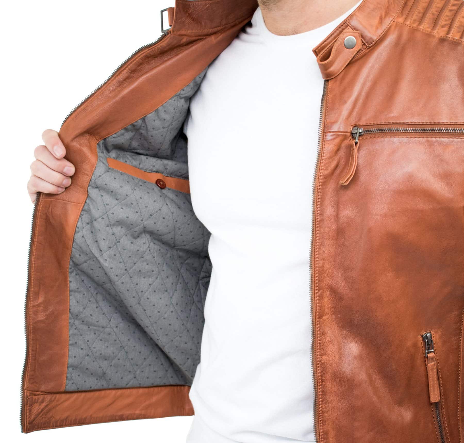 Moška jakna iz pravega usnja slim fit, rjave barve, sprana v vintage barvi, z zadrgo, priložnostna