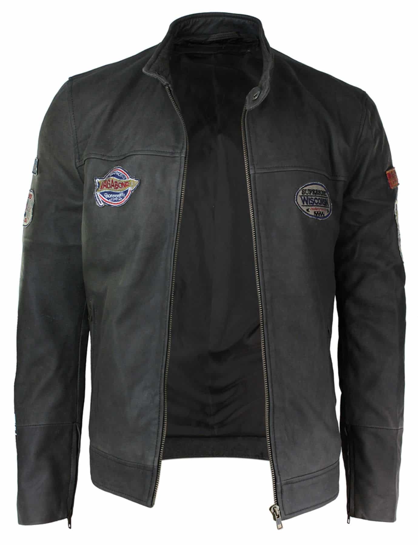 Moška motoristična jakna iz pravega usnja, vintage rjave barve z dirkaško značko, oprana, ozka, s krojem