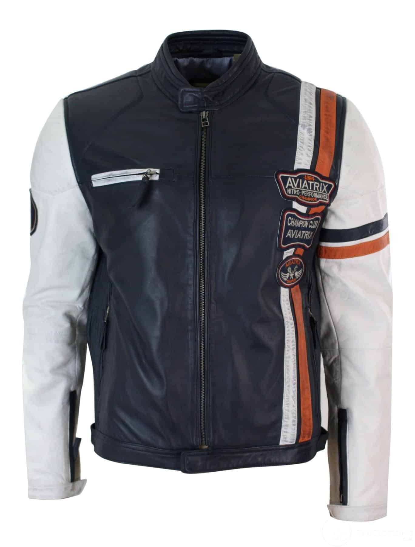 Moška motoristična jakna iz pravega usnja, retro vintage, temno modra in bela, z značko, dizajnom, priložnostna