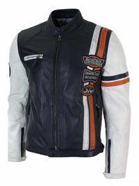 Moška motoristična jakna iz pravega usnja, retro vintage, temno modra in bela, z značko, dizajnom, priložnostna