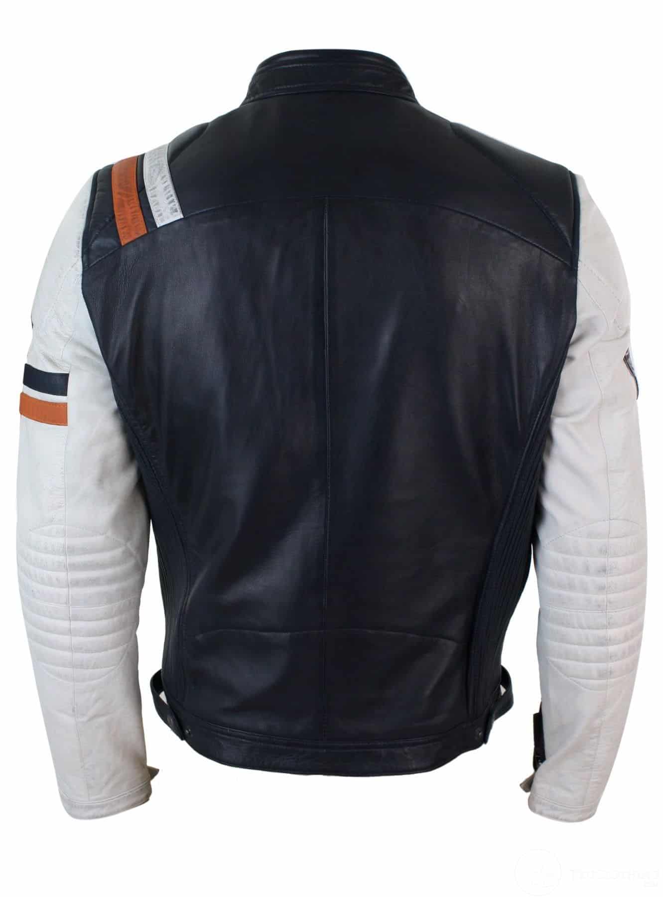 Moška motoristična jakna iz pravega usnja, retro vintage, temno modra in bela, z značko, dizajnom, priložnostna