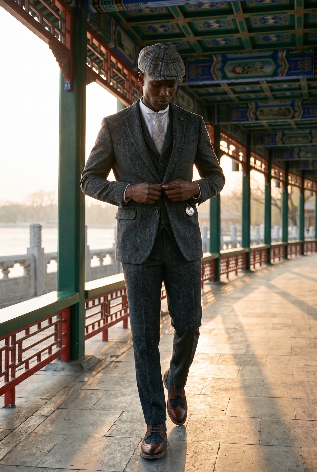 Look #881 styled with Moška temno siva 3-delna obleka iz tvida z vzorcem ribje kosti - STZ11