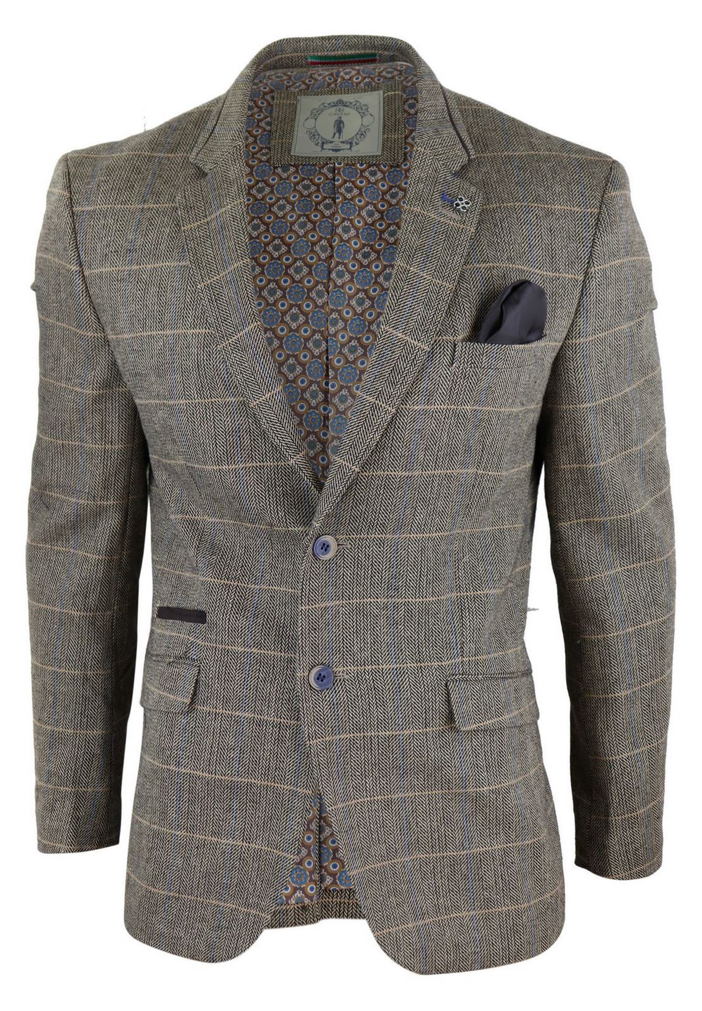 Moški blazer ali telovnik iz tvida z vzorcem ribje kosti v rjavi barvi, vintage, s kostjo