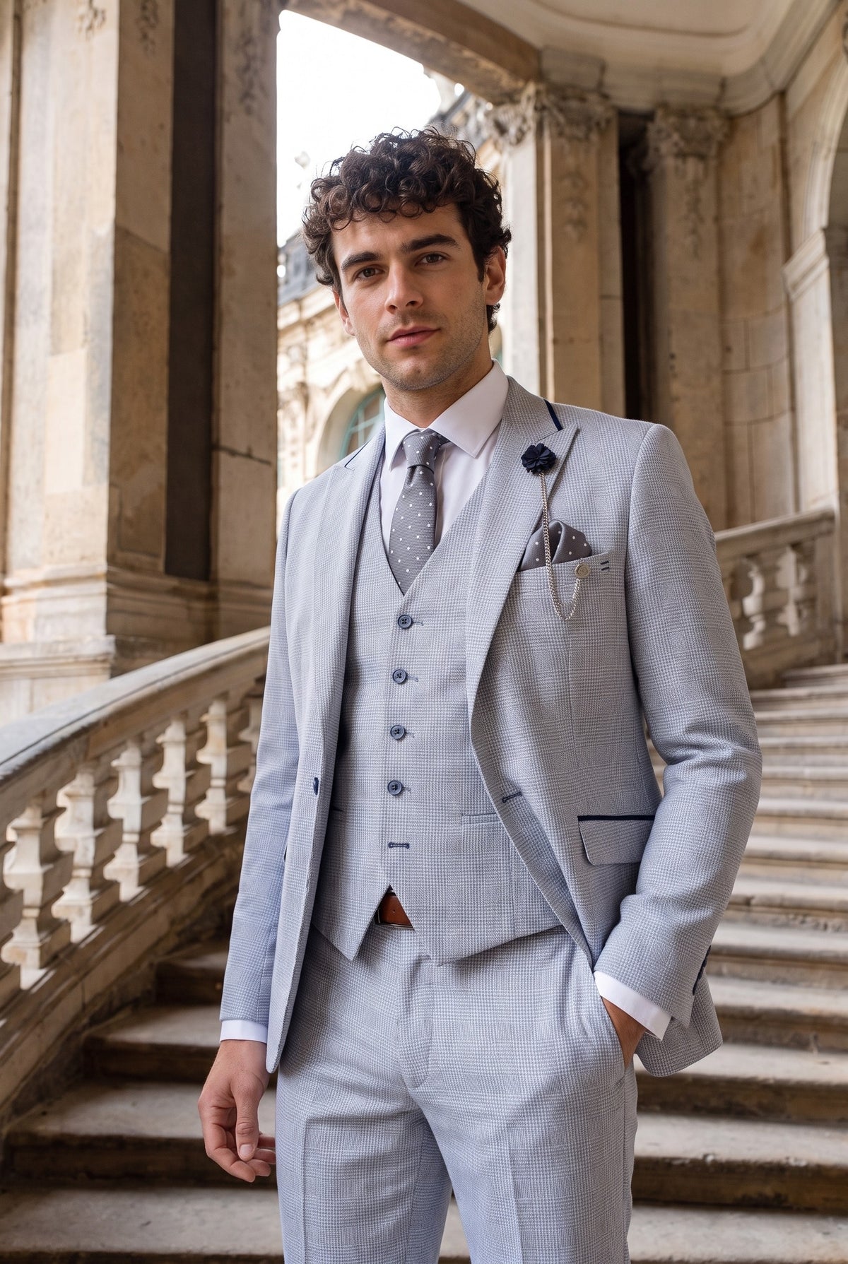 Look #950 styled with Moška 3-delna karo obleka iz tvida, svetlo modra, krojen kroj, poročni, Peaky Classic